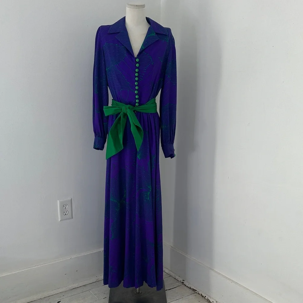 Vintage 70s Purple And Green Abstract Floral Bellbottom Jumpsuit With Belt - Picture 2 of 6